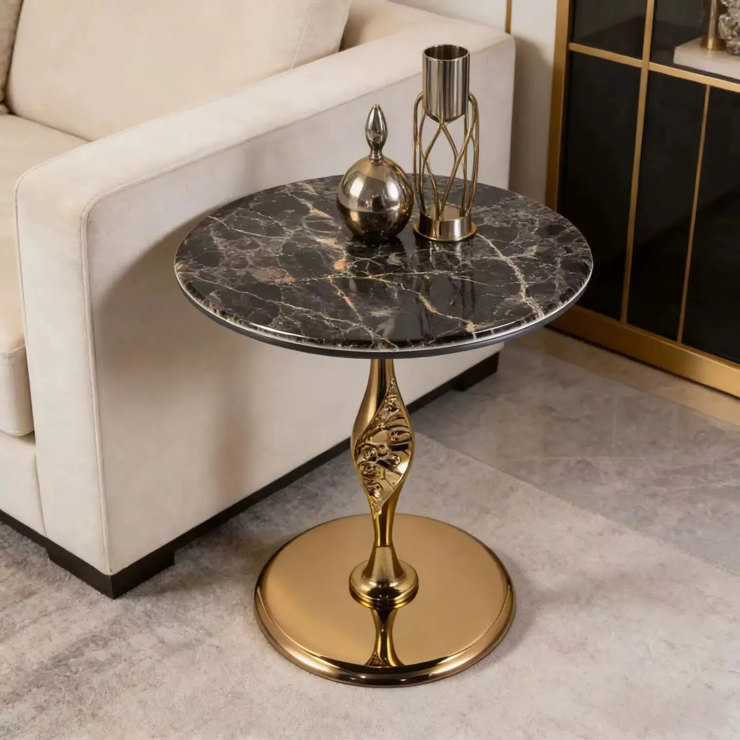 Coffee table furniture luxury circular edge table stainless steel microcrystalline stone tabletop auspicious cloud pillar base h
