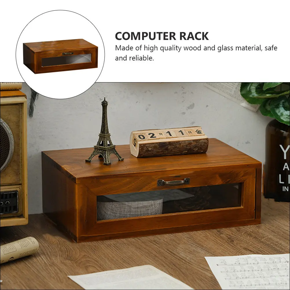 1Pcs Vintage Computer Elevating Rack Wooden Desktop Storage Box Office Stand Organizer Laptop Monitor Riser Acrylic Drawer Box