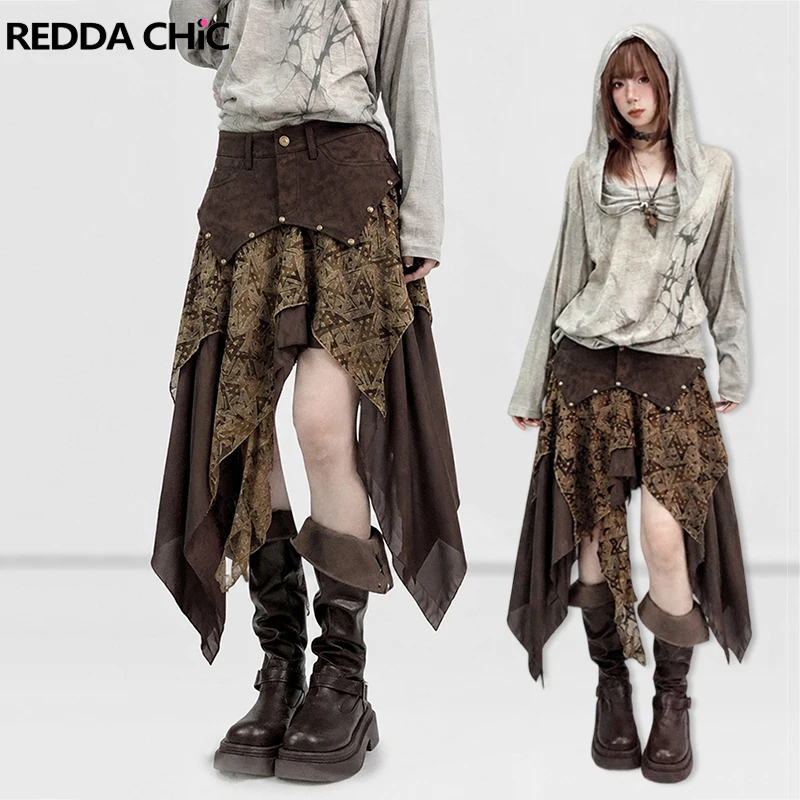 REDDACHiC Falda Asimétrica de Cuero de Gamuza con Remaches Estilo Hippie para Mujer, Falda Larga Retro de Corte A con Cintura Baja y Costuras de Malla, Ropa Urbana Steampunk