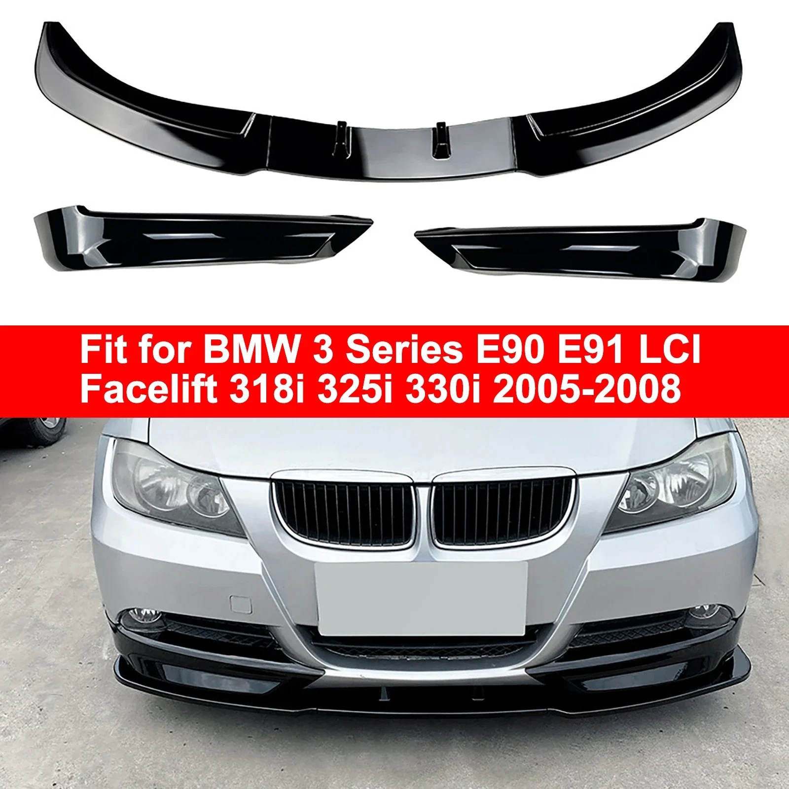

For BMW 3 Series E90 E91 Pre-facelift 320i 330i 2005-2008 Front Lower Bumper Splitter Spoiler Lip Base Sedan Carbon Fiber Black