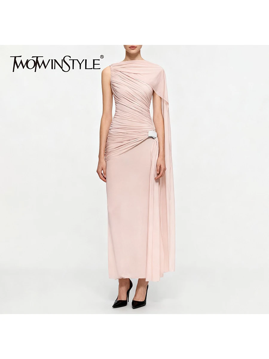 

TWOTWINSTYLE Solid Slimming Spliced Shirring Dresses for Women Round Neck Sleeveless Patchwork Ribbon Irregular Dress Female New