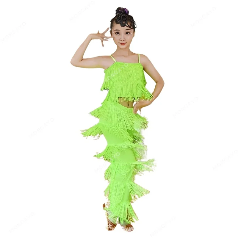 Tassel Samba Rumba Salsa Latin Dance Costumes Girls Child Fringe Tango Dance Clothes Adult Competition Ballroom Dancing Dress