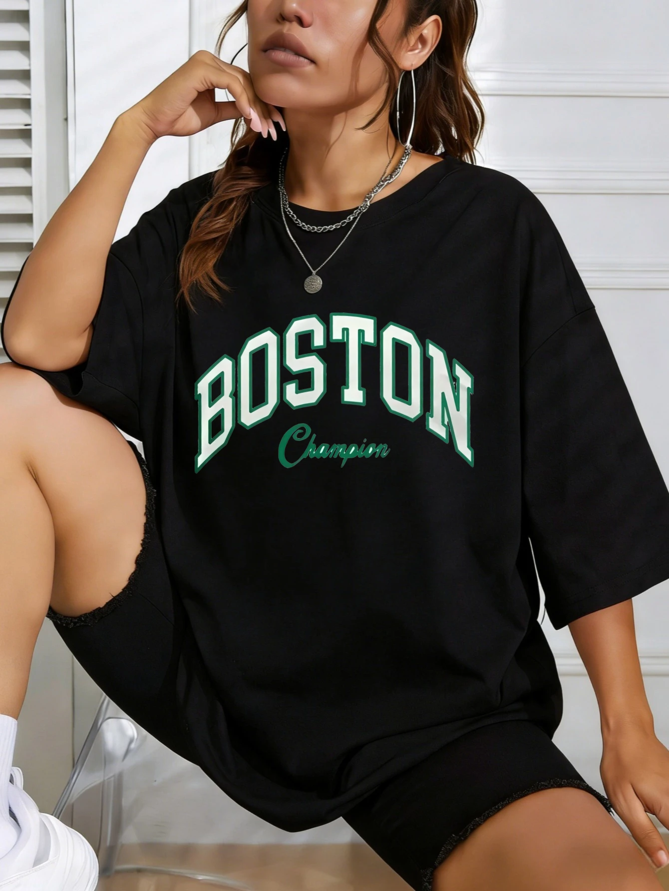 

Womens Cotton Oversized Boston Graphic Short Sleeve Streetwear T Shirt Summer Casual Gift for Women