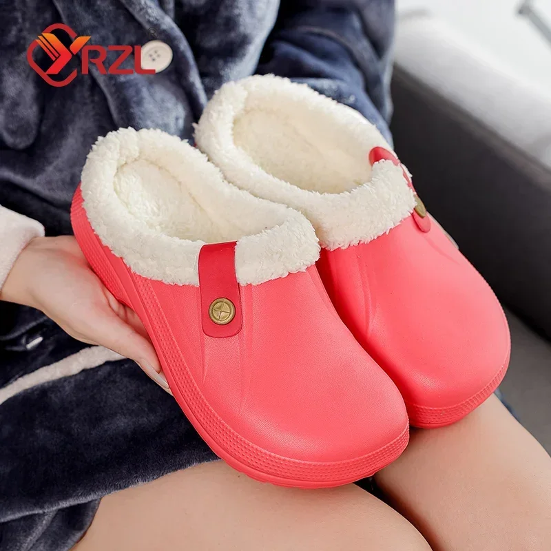 YRZL Men Women Slippers Waterproof EVA Warm Furry Wrapped Slippers Indoor Home Cotton Shoes Fur Slides Plush Winter Slippers