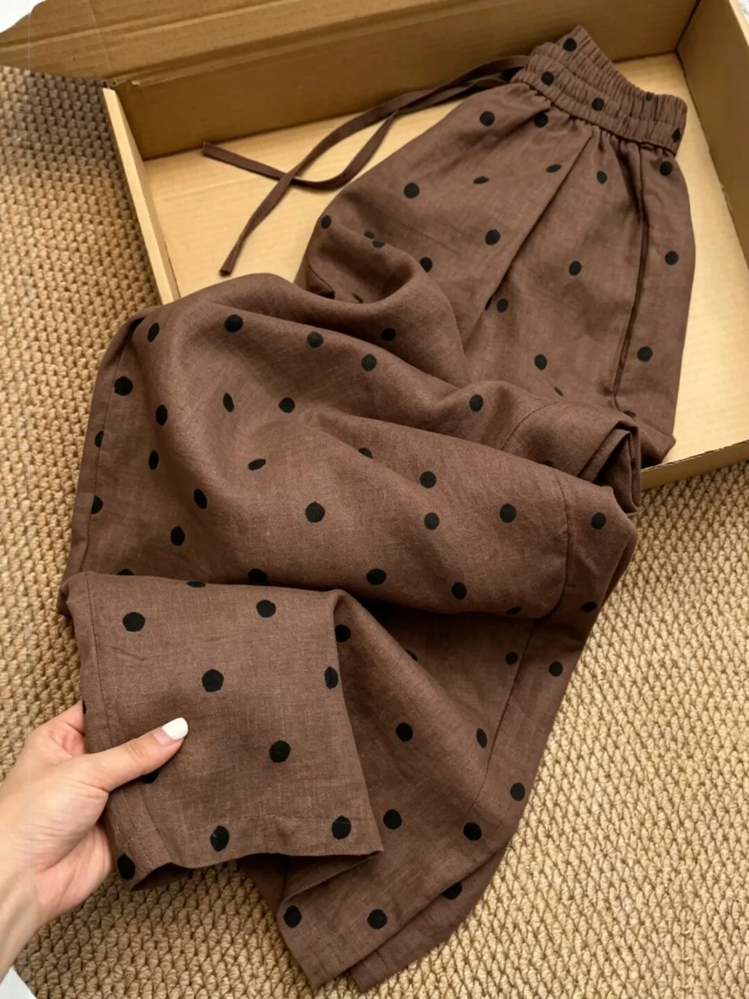 Korean Japanese High End Large Polka Dot Casual Pants Women Elastic Waist Drawstring Wide Leg Loose Straight Leg Pants