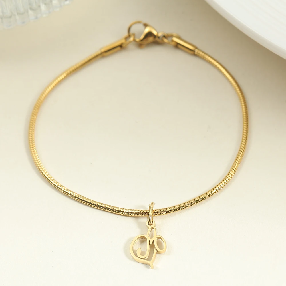 Round Snake Chain Bracelet 16.5cm Art Letter Pendant Women's Stainless Steel Jewelry New 2024