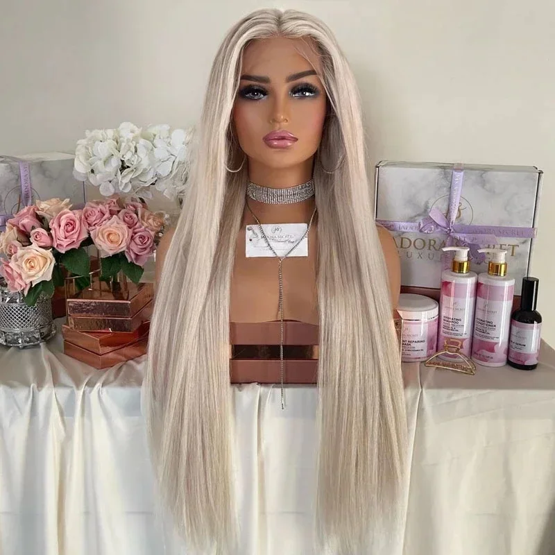 Ombre Blonde Lace Front Wigs Synthetic Silver Straight Light Ash Blonde Lace Front Wigs For Black Women Transparent Cosplay Wigs