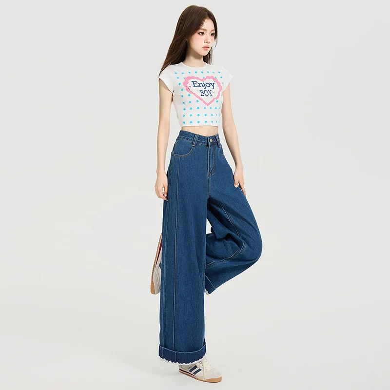 Pantalones vaqueros rectos con puños para mujer, vaqueros empalmados de encaje, pantalones vaqueros de pierna ancha, cintura alta, cremallera, desgastados, Vintage, hasta el tobillo