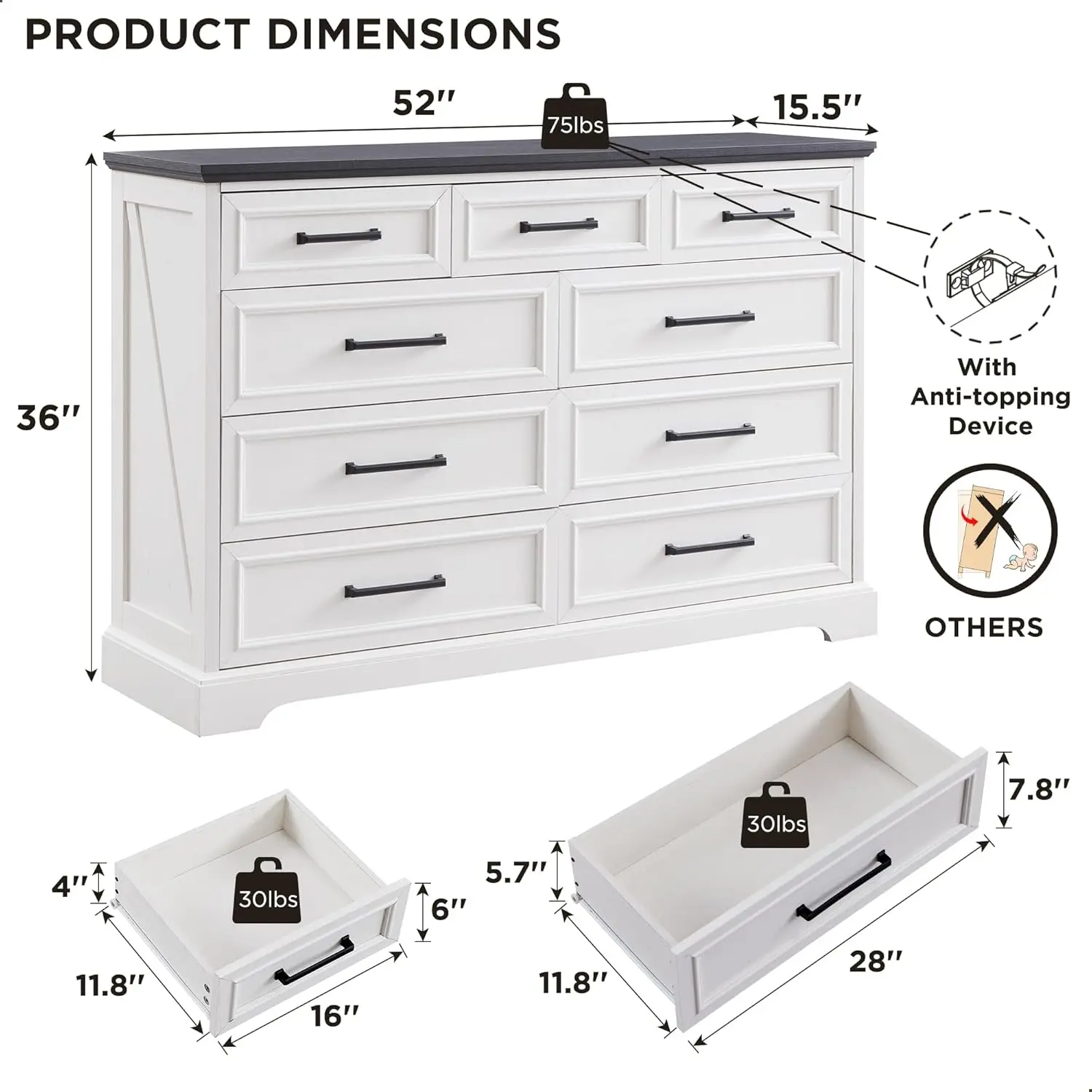 Farmhouse 9 Drawer Dresser for Bedroom 36 Inch Tall Modern Dresser TV Stand with Large Drawers & Bar Handles