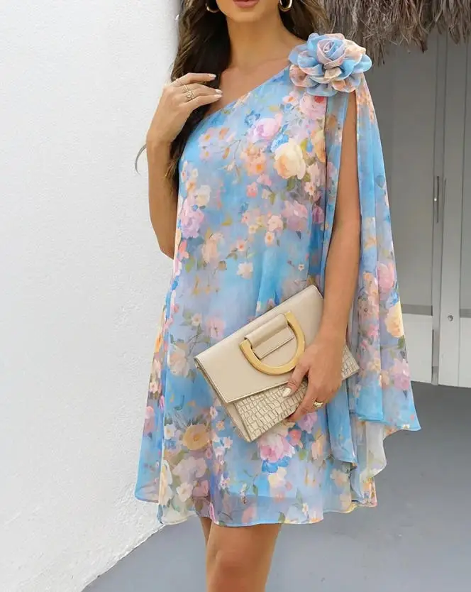 

Women's Floral Print One-Shoulder Chiffon Dress 3D Floral Decor Split Sleeve Loose A-Line Mini Dress