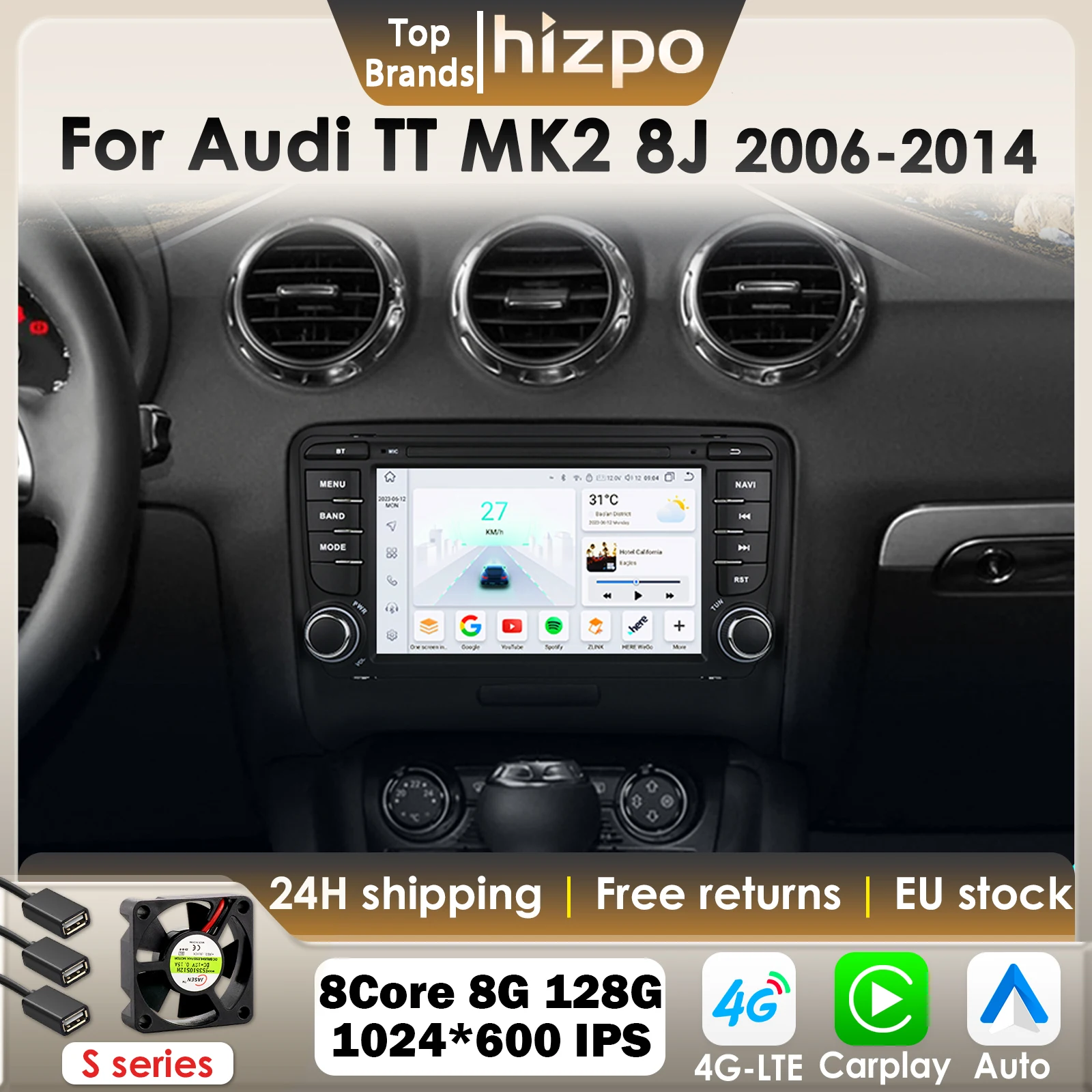 Hizpo 7'' CarPlay Android Auto Intelligentes Autoradio für Audi TT MK2 8J 2006-2014 Auto-Multimedia-Player GPS 4G DSP 2Din Stereo