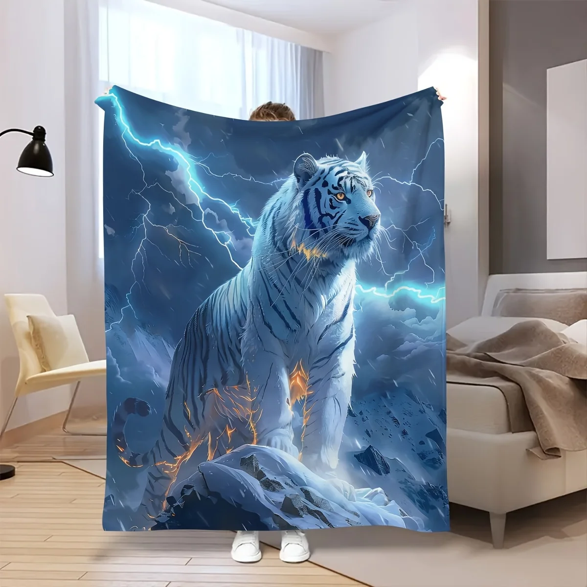 Lightning Tiger Digital Print Flannel Throw Blanket - Contemporary Style, Machine Washable, Versatile for Sofa,, Office, and Cam