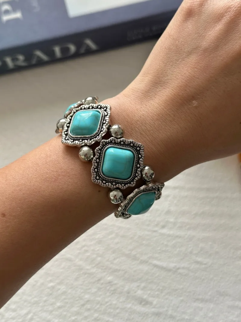 Bohemian turquoise women's bracelet set retro ethnic multi-layer natural stone bead bracelet stackable bracelet jewelry gift