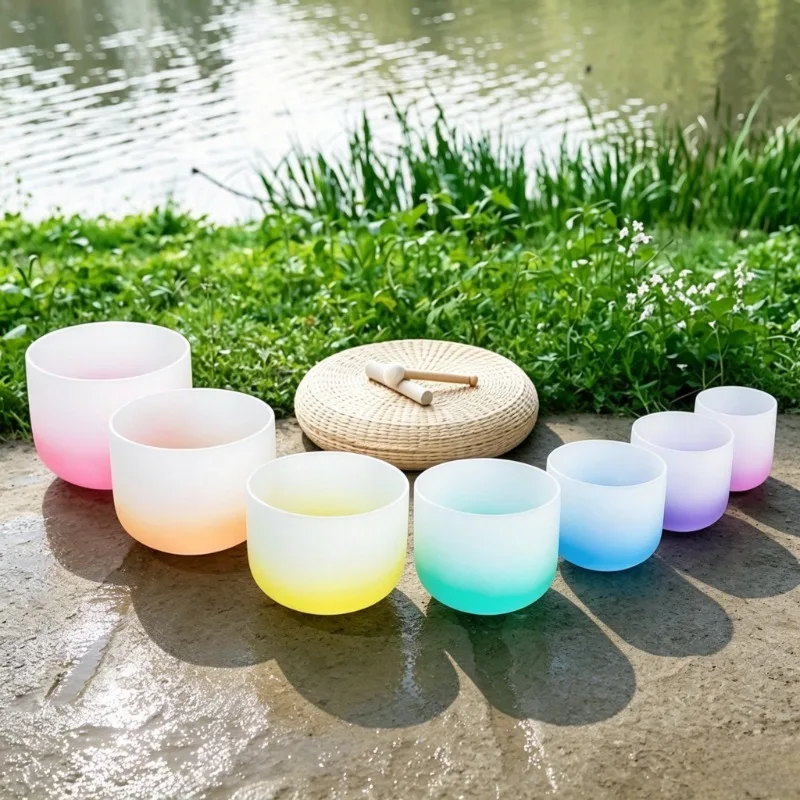 440/432Hz Crystal Singing Bowl Set 7 Pcs Colorful Sound Bowls Meditation Sound Healing Quartz Bowls Chakra Therapy Instrument