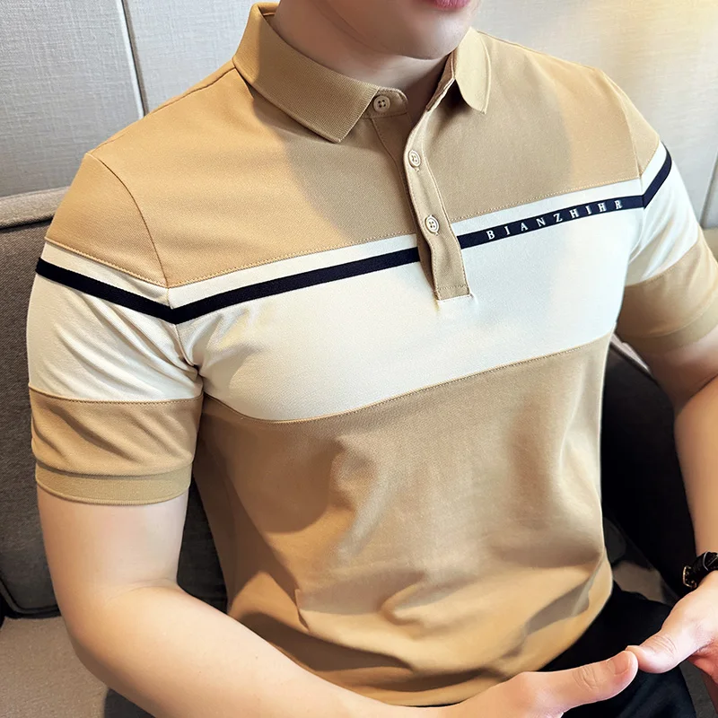 2024 Korean Contrasting POLO Shirt for Men Short Sleeve Slim Fit T-shirts Versatile Business Casual Lapel Tee Tops Men Clothing