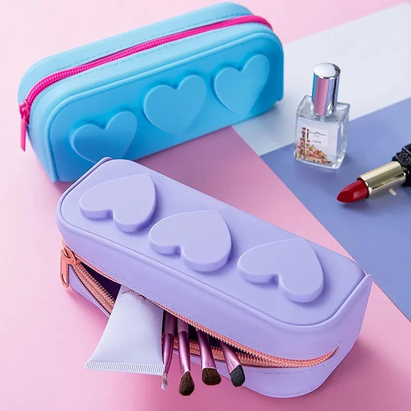 Sacs à fermeture éclair en silicone réutilisables pour femmes, sac cosmétique en forme de cœur, étui portable pour pinceaux de maquillage