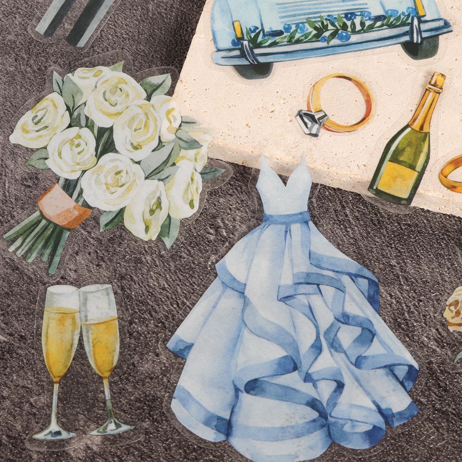 60 Stück PET-Hochzeitsaufkleber, transparent, wasserdicht, selbstklebend, für DIY-Bastelarbeiten, Hochzeitsdekoration, Scrapbooking-Zubehör, Collage – Detail 1