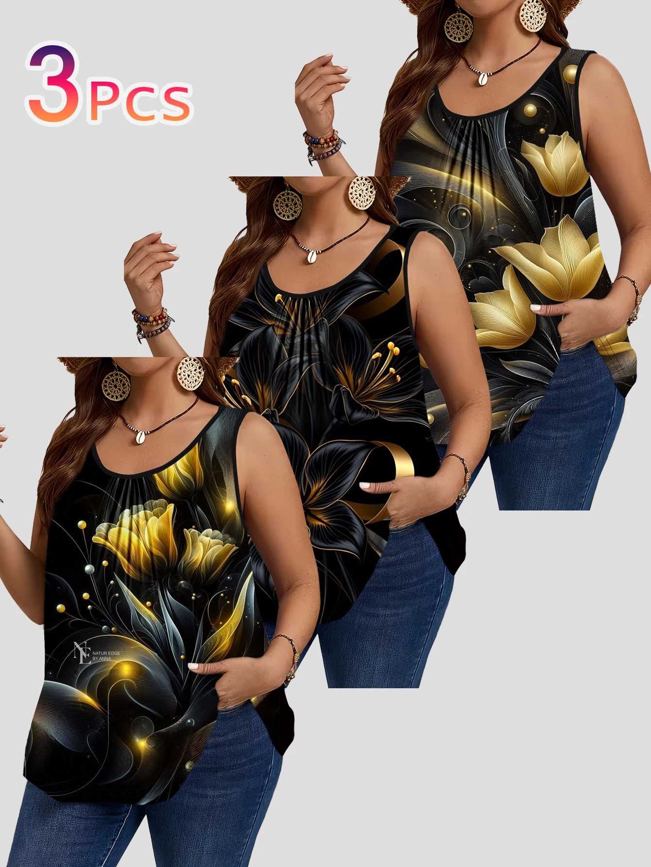 3-Piece Set of Plus-Size Black and Gold Tulip Floral Print Sleeveless Vests for Women, with a Black Base and Shimmering Gold Flowers, Loose Round Neck, and a Figure-Flattering Outerwear Top