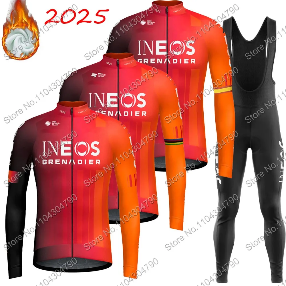 Winter Ineosful Grenadiers Team Cycling Jersey Set Long Sleeve Orange Clothing Suit Mens MTB Bike Road Pants Bib Wear MTB