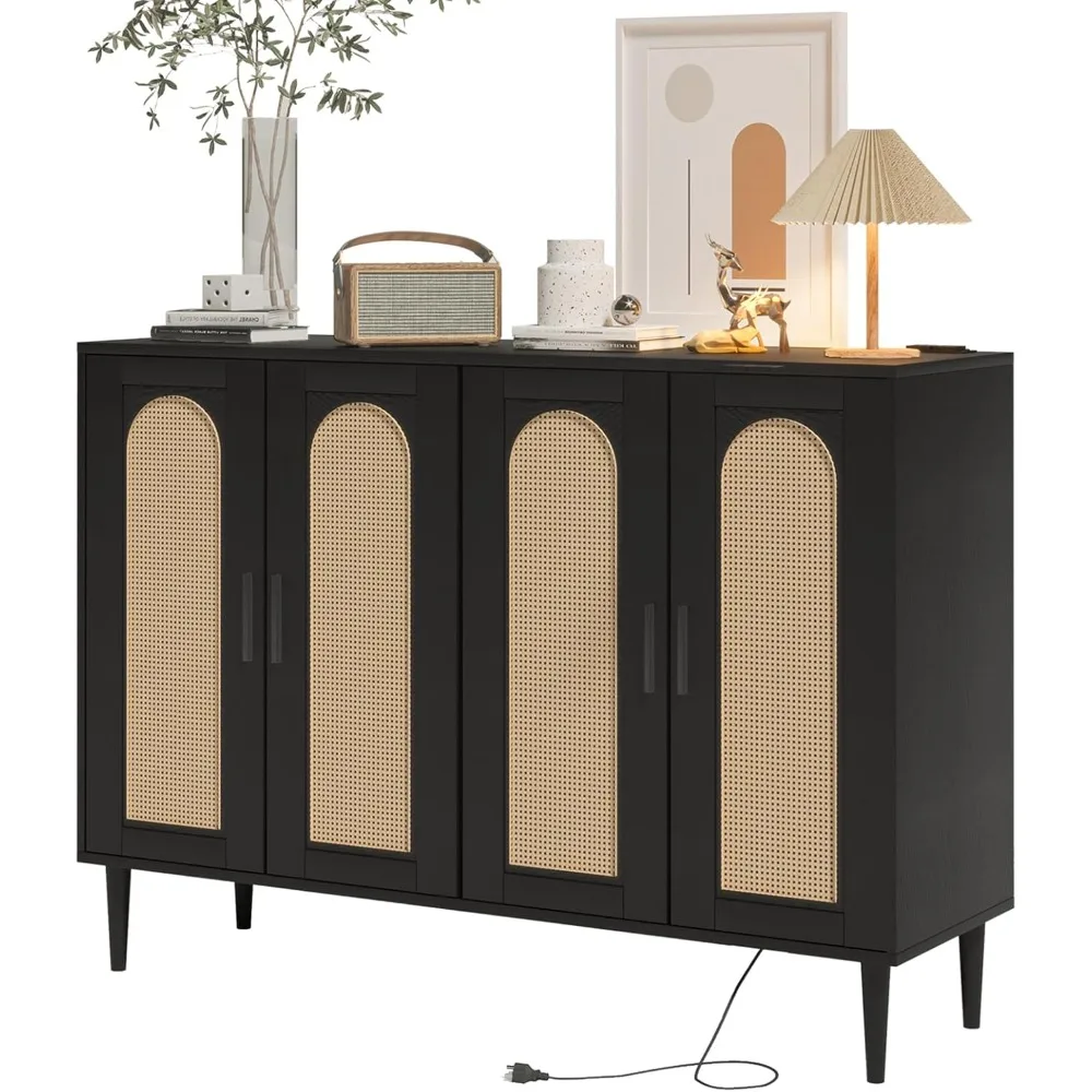 

Sideboard Buffet Cabinet, 4 Rattan Doors Accent Storage Cabinet, Console Table Coffee Bar with Power Outlet