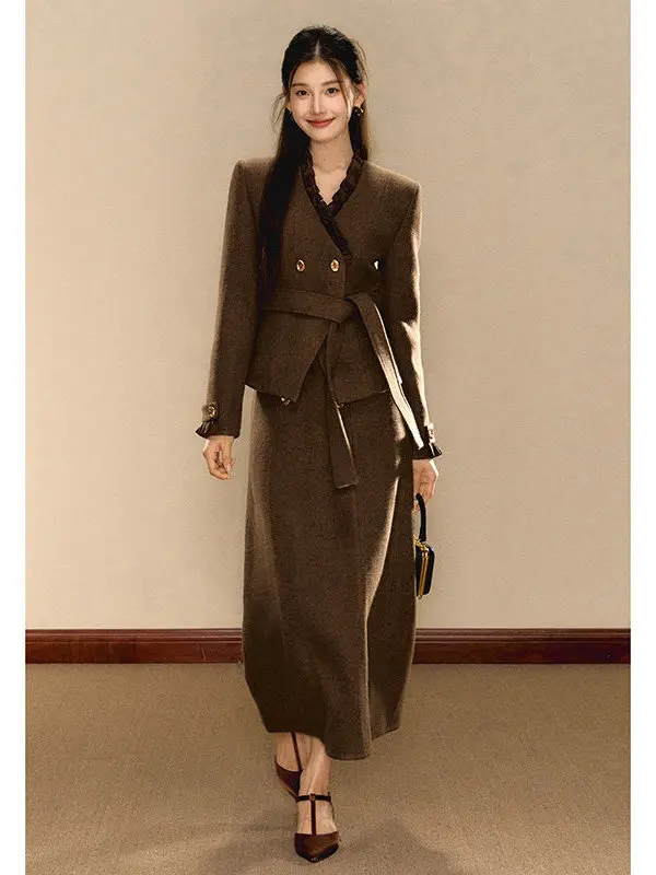 

Spring 2026 Women's Retro Small Fragrance Style Woolen Coat And Skirt Set Two-Piece Set Elegant Feeling JT0134 Fashion Ensemble