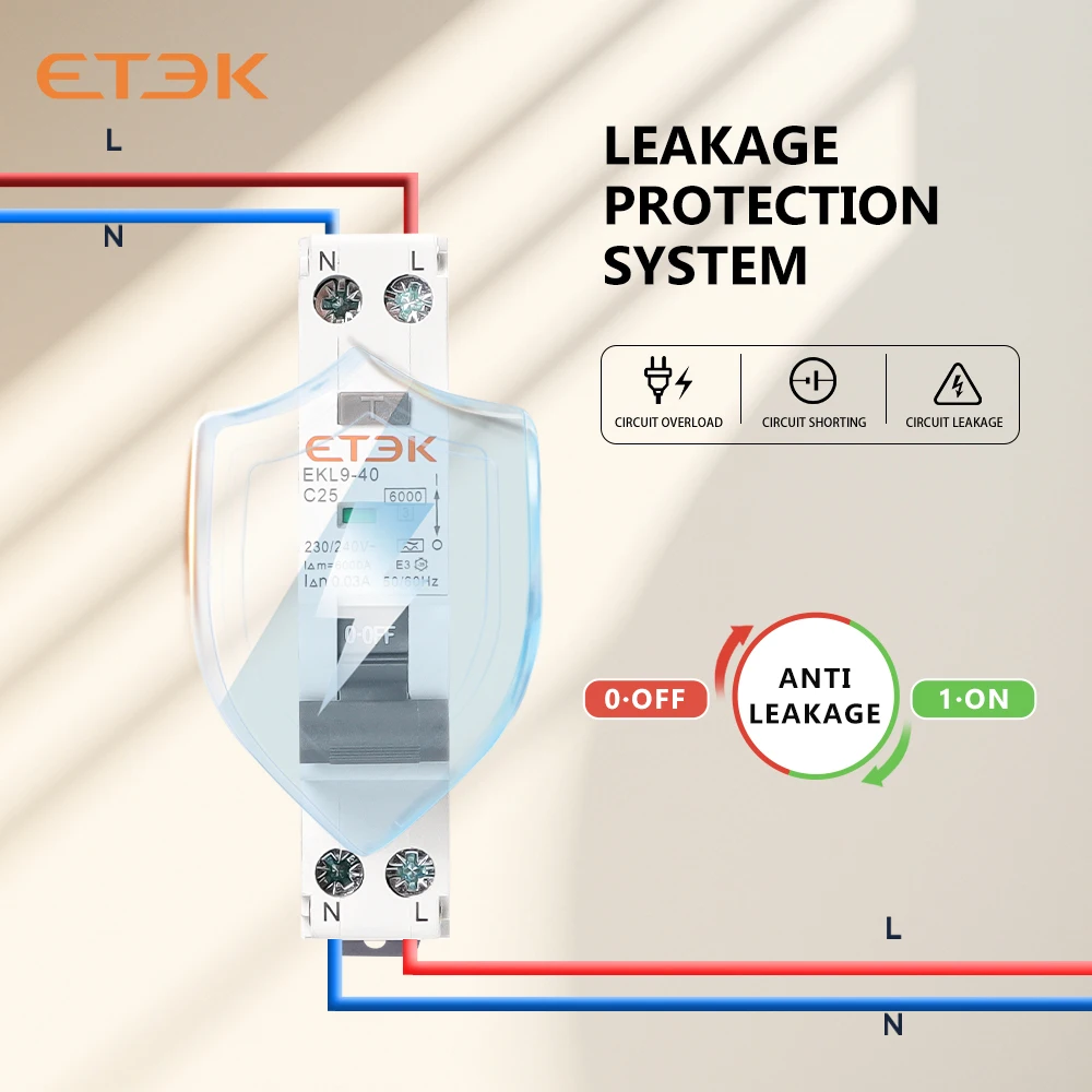 ETEK 6KA 1P+N 10A 16A Curve B 30mA RCBO Type A Intrinsic Safety Residual Current Automatic Circuit Breaker  EKL19-40