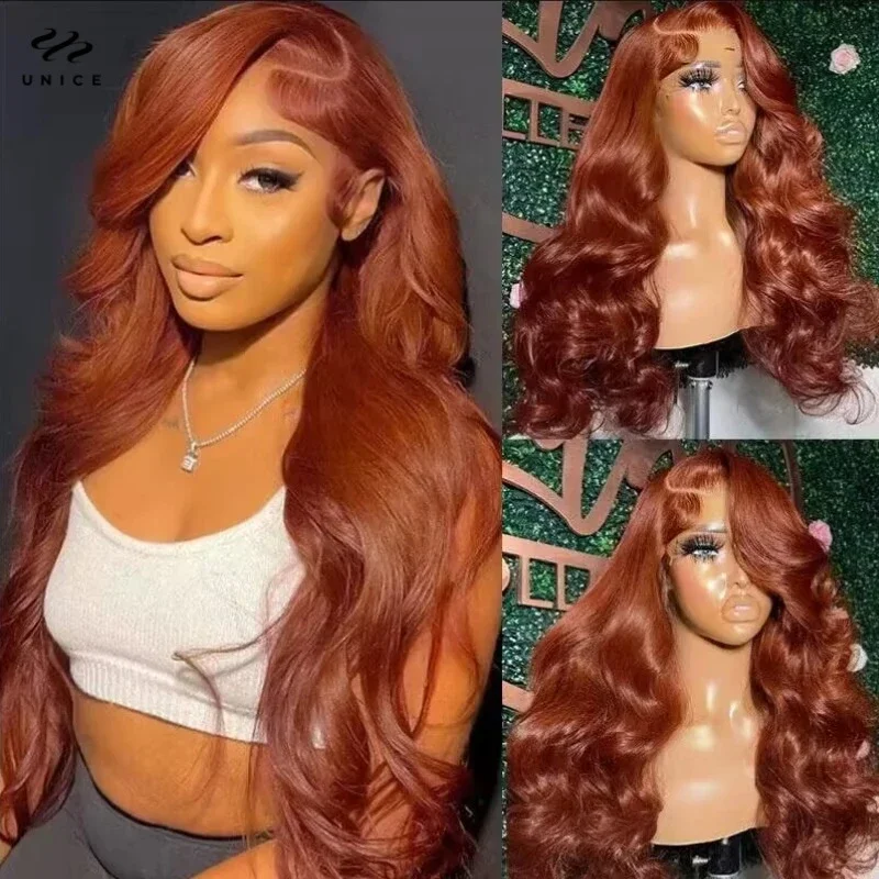 

UNice Hair Copper Brown Highlight 13x4 Lace Front Wig Body Wave Pre plucked Glueless Human Hair Lace Frontal Wigs for Women