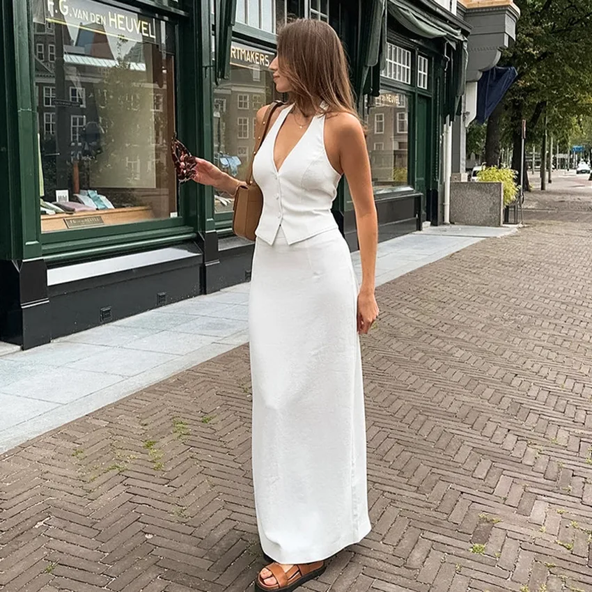 

Women Solid Color Button Halter Vest Tops and Slit Long Skirt Set for Streetwear Outfit Spring Summer Lady Elegant Skirt Sets
