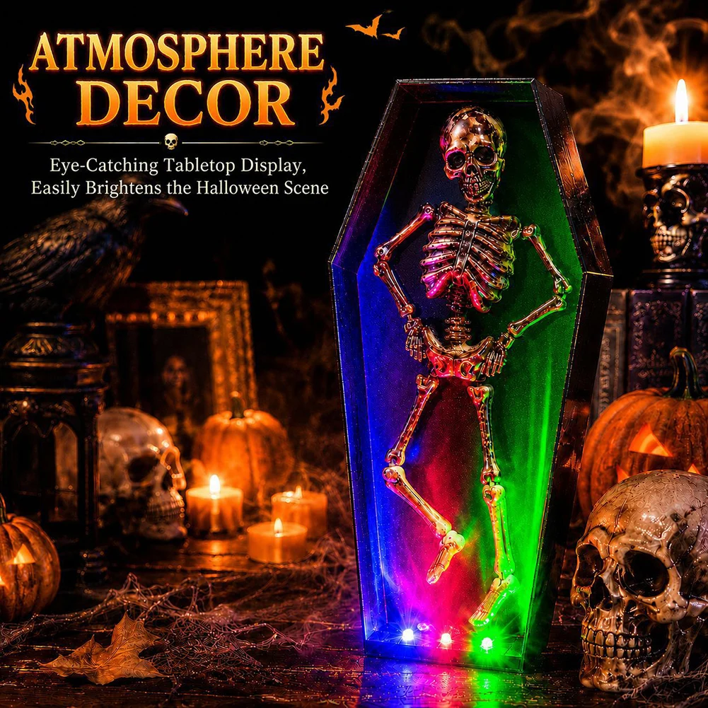 Ornamento giocattolo scheletro danzante bara di Halloween, divertente teschio danzante di Halloween con luce e suono, novità decorazione per feste