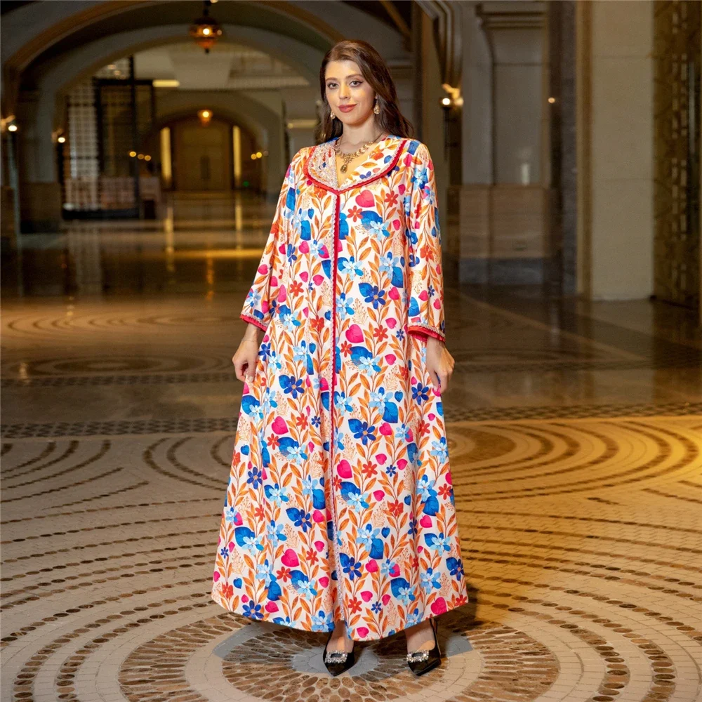 Luxury Diamonds Abayas for Women Floral Print Maxi Dress Muslim Abaya Dubai Kaftan Turkey Robe Eid Djellaba Islam Jalabiya Gown