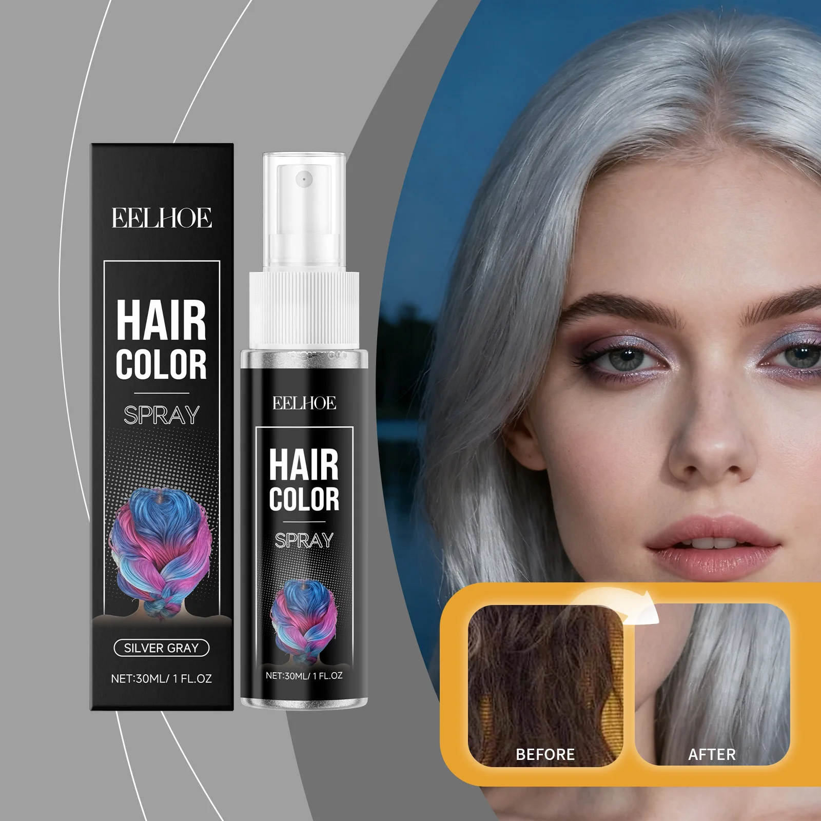 Spray Temporal para el Cabello Color Gris Plateado, Tinte Instantáneo de un Solo Uso, Maquillaje en Polvo Lavable, Spray para el Cabello para Fiestas y Cosplay, Herramienta de Peinado