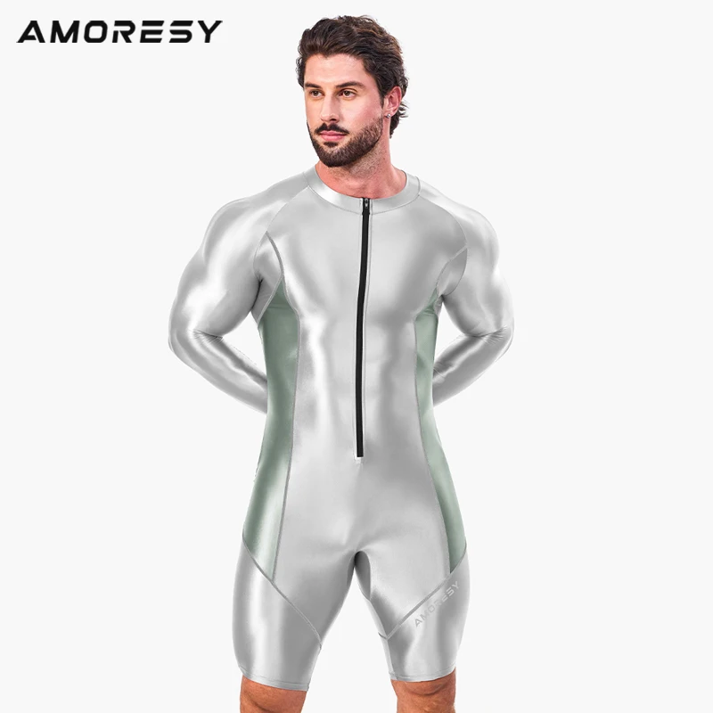 AMORESY Atticus series front zipper long-sleeved spandex sports tight color-blocked five-quarter pants jumpsuit fitness gymnasti