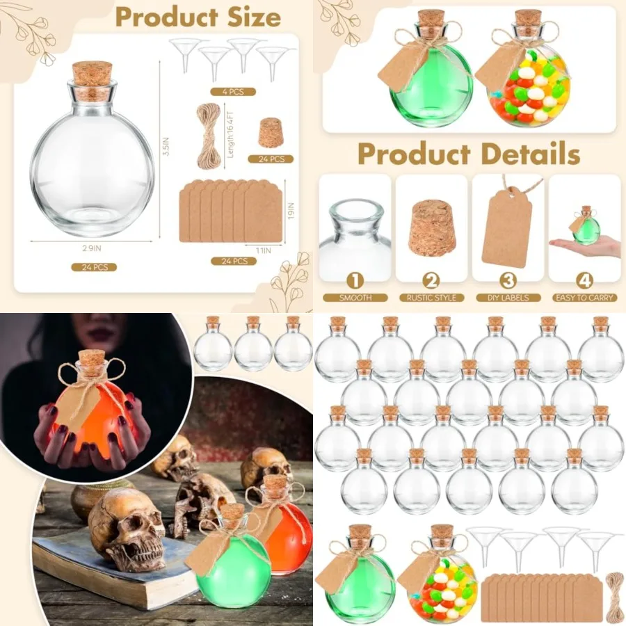24 Sets 5 oz Mini Glass Bottle with Cork Lids Round Small Decorative Jar Ball Shaped Glass Potion Bottles with Tags, Ropes and
