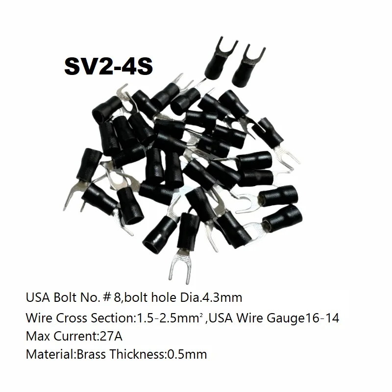 50PCS SV2-4S Insulated Cable Lug For Wire 1.5-2.5mm² AWG16-14 Brass Electrical Connector Crimp Terminal Bolt No.#8 Hole Dia.4.3