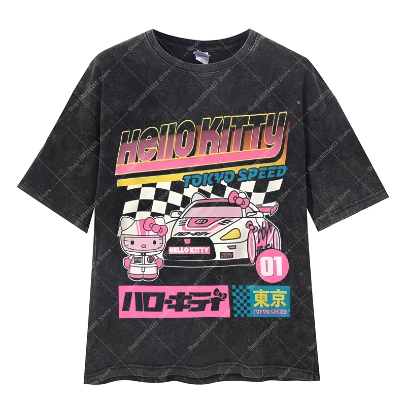 مرحبا كيتي الكبار خمر غسلها تي شيرت الصيف ملابس النساء أنيمي تي شيرت مطبوع فتاة قصيرة الأكمام كارتون لطيف تي شيرت 2025