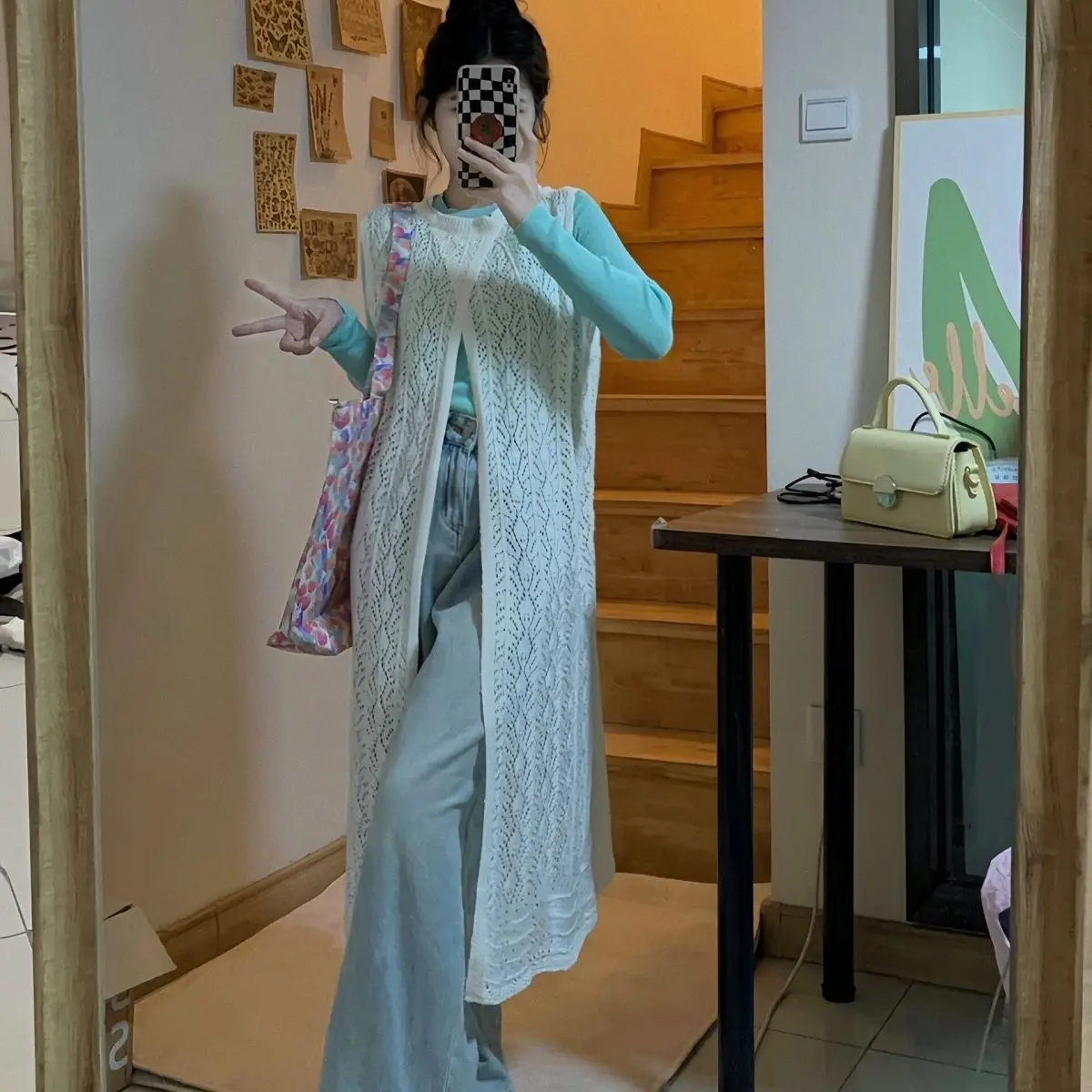 Saia de malha para mulheres, top em camadas, nicho do senso de design, fenda traseira, saia chique longa, verão