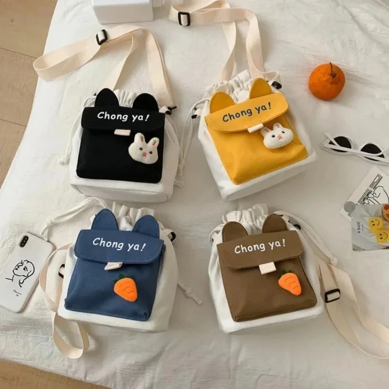 Popular Women\'s Bags New Canvas Bags Korean Fashion Shoulder Bag Drawstring Students Girl Cotton Crossbody Bags for Women