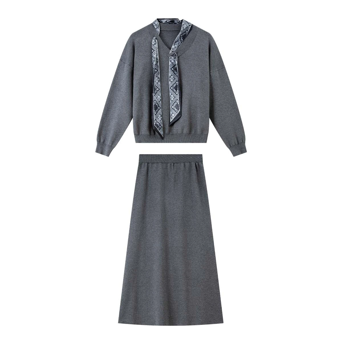 VIMLY النساء متماسكة تنورة مجموعات ركاب الخامس وشاح للرقبة كم كامل بلايز ألف خط التنانير الطويلة الشتاء لينة السيدات قطعتين مجموعة 30503