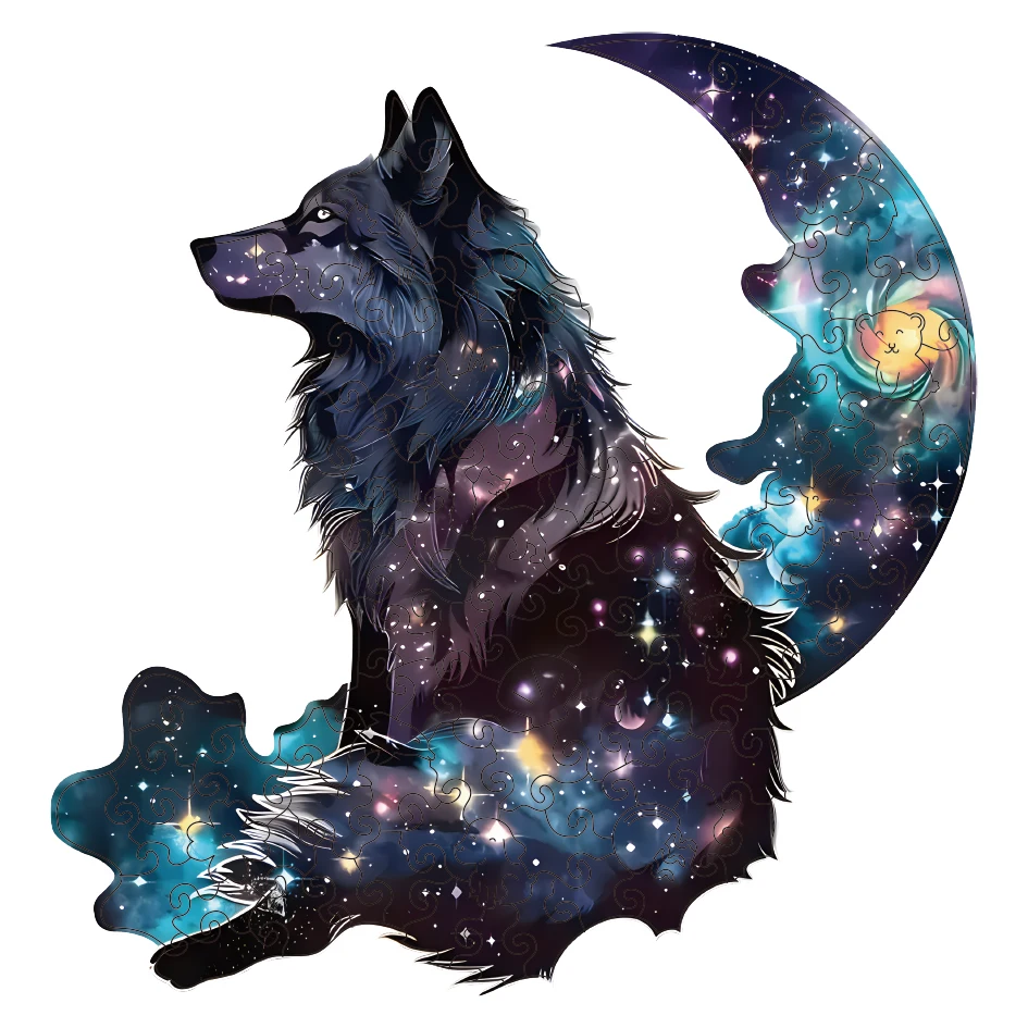 Star Wolf King Wooden Puzzle, Unique Shaped Pieces Wooden Jigsaw Puzzles for Adults, Ghristmas Gift Family Game Home Decor