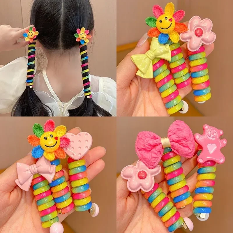 5PCS Girls Telephone Wire Line Ponytail Holder Rubber Band Elastic Hair Band DIY Bowknot Braided Phone Cord Straight Hair Tie