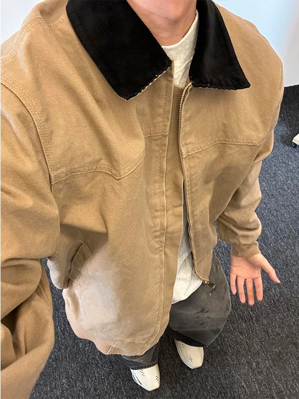 Washed Denim Canvas Jacket Vintage Khaki Men's American Trendy Brand Turn-down Collar Detroit Workwear Jacket Loose Fit Long ...