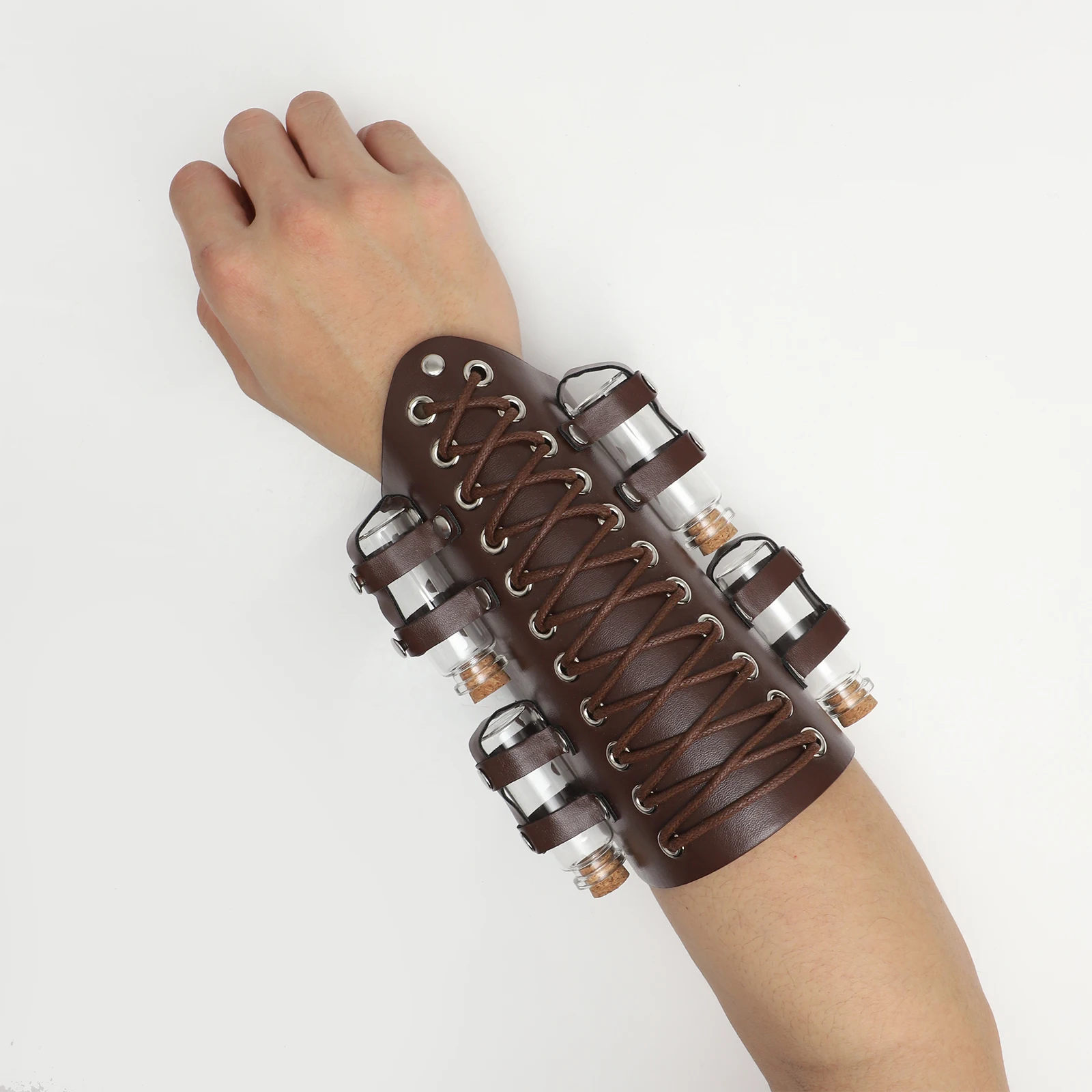 

Medieval Faux Leather Arm Guards with 4 Cork Vials Warrior Knight Arm Gauntlet Wristband Costume Accessories for Cosplay Party