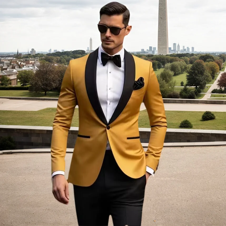 

One Button Slim Fit Men's Suits Black Shawl Lapel Regular Length High Quality Wedding Outfits Formal 2 Piece Jacket Pants Sets