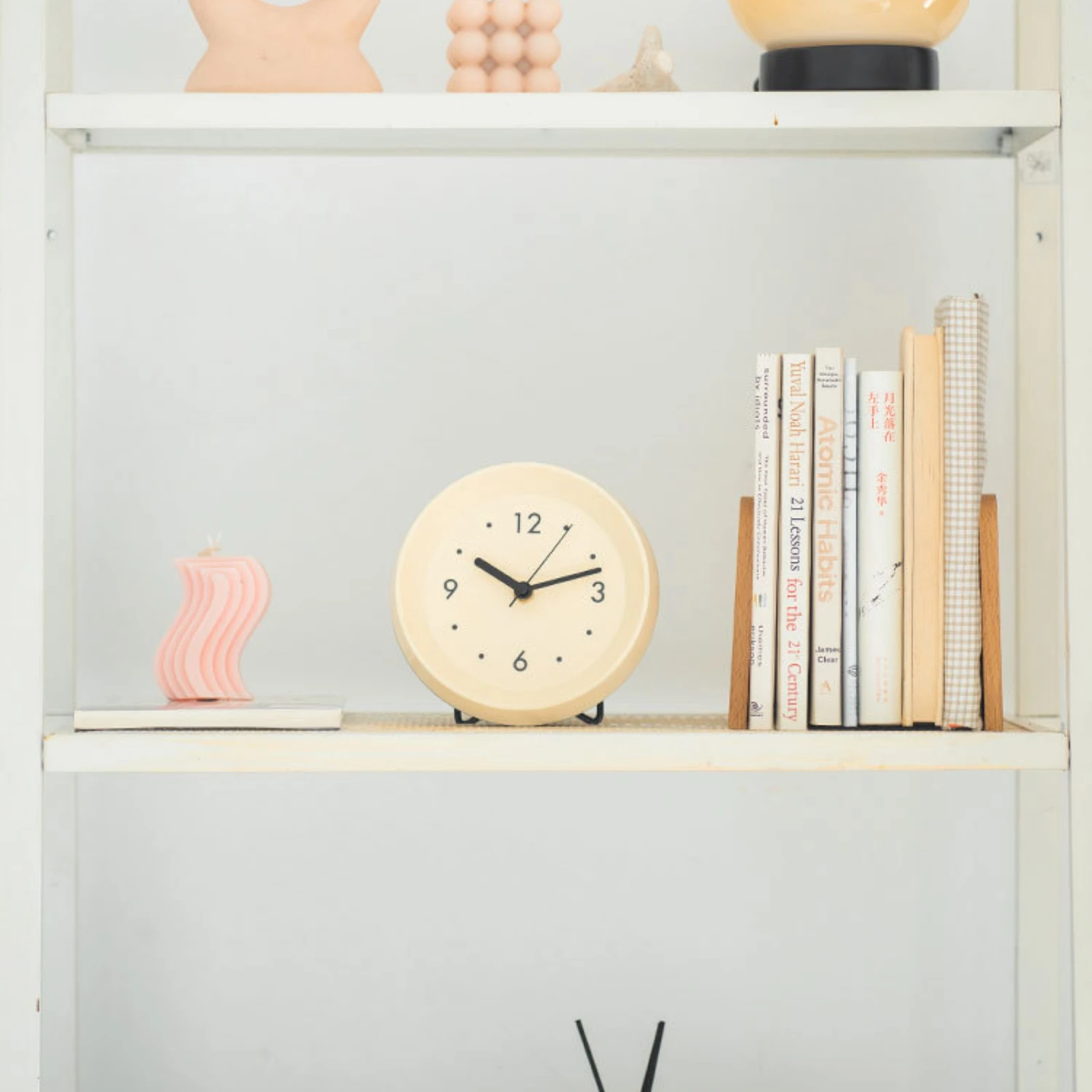 Round Tabletop Desk Clock Cream-White Minimalist Table Desk Clock Home Decor ABS Resin Black Stand