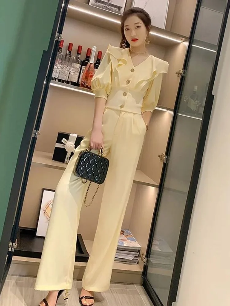 Wide Leg Trousers Woman Professional Shirt Office Spring Autumn Blouse and Pant Sets for Women 2 Pieces Wear To Work with Sleeve