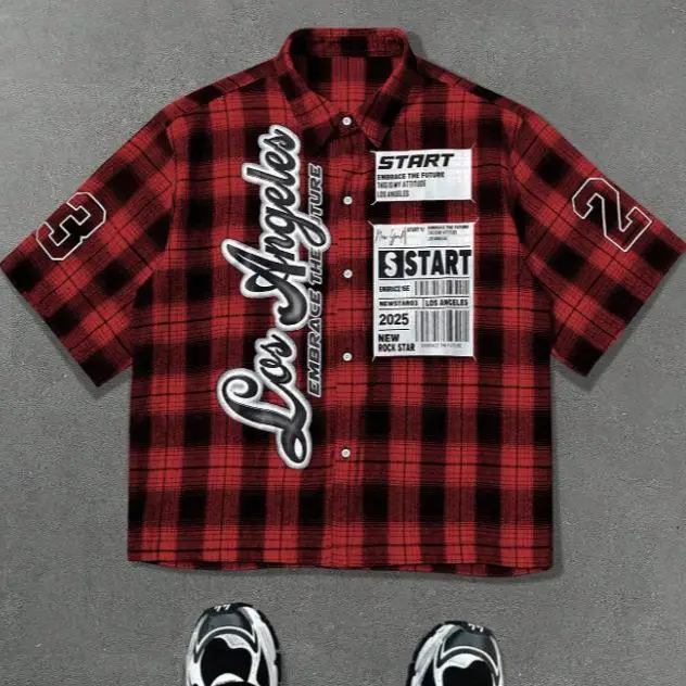 Men's Casual Sve Woven Shirt Letter Print Loose Fit Short Sleeve Cleanfit Style PU Leather Fabric Deformation Resistant