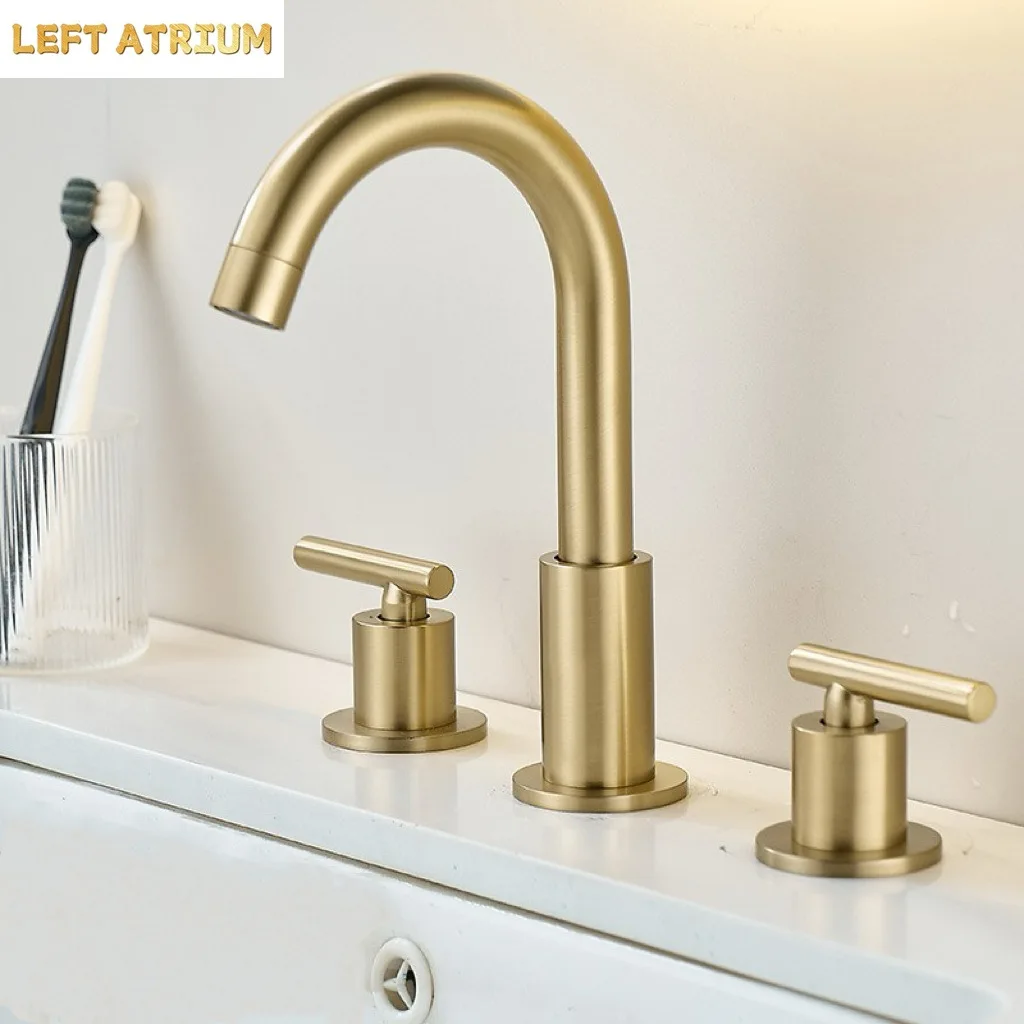 Brushed gold all-copper bathroom faucet, three-hole split basin mixer, hot and cold splash-proof basin faucet