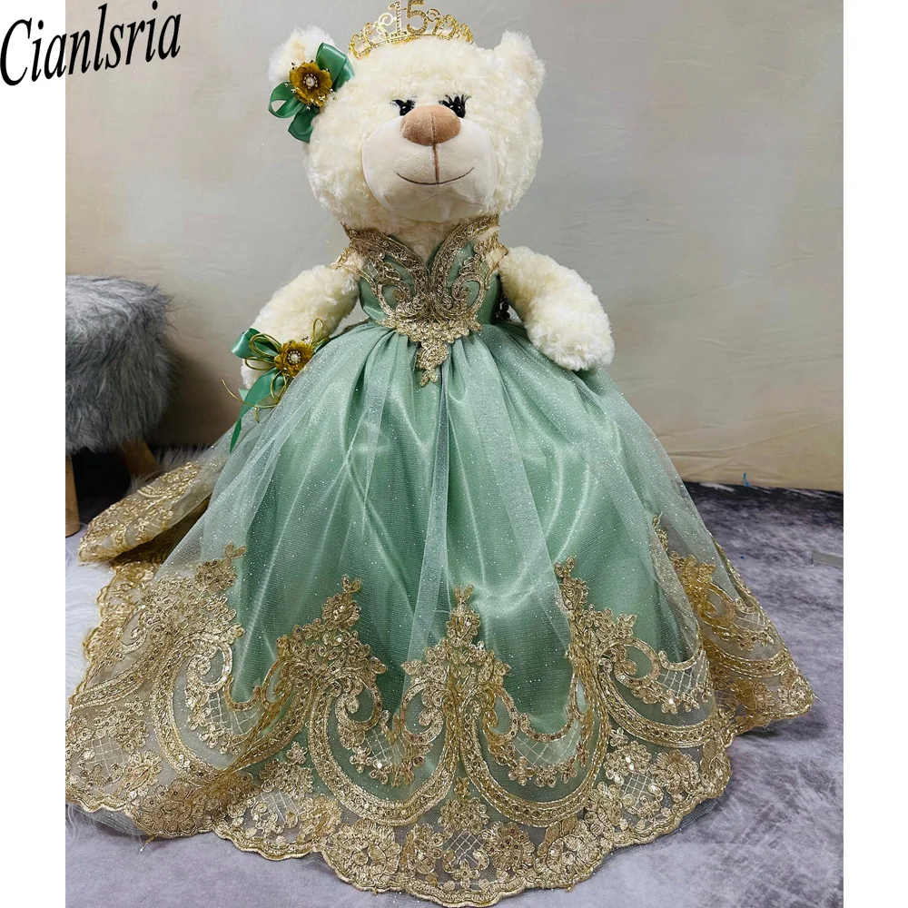 Luxury Green Special Link Sweetheart Personalized Quinceanera Teddy Bear Dresses Cape Beaded 3D Flowers Mini Customized