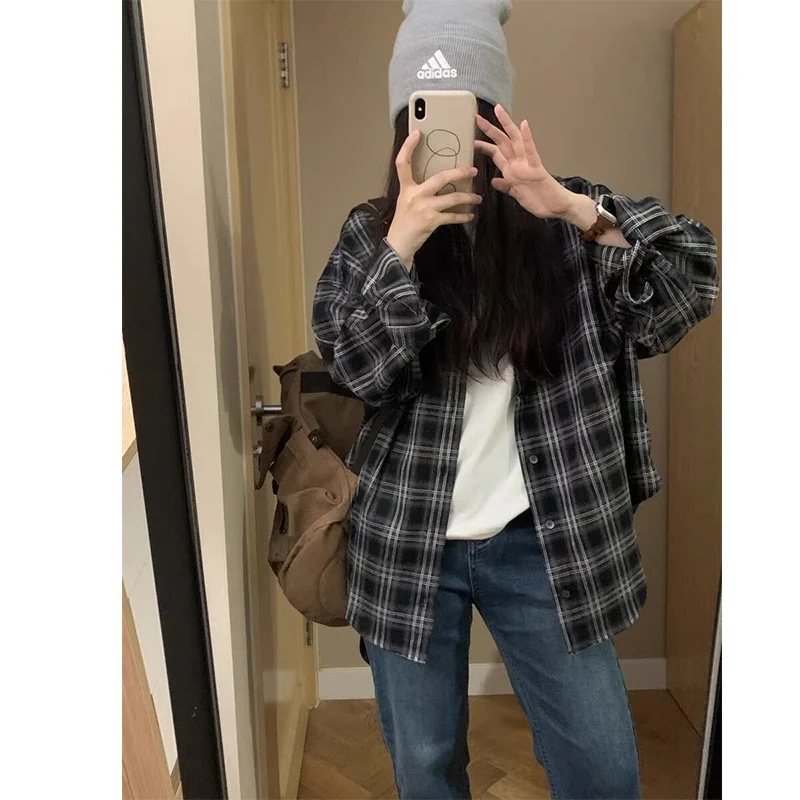 

plus Size 300 Pounds Women's Plaid Shirt Jacket Loose Casual Korean Style Autumn Winter Outerwear for All Body Types
