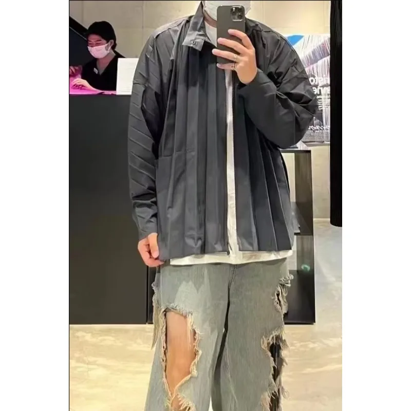 Miyake Pleated Original Shirt 2025 Summer Men Casual Versatile Fold Tops Commuter Japanese Solid Color Pleat Jacket Men Clothing